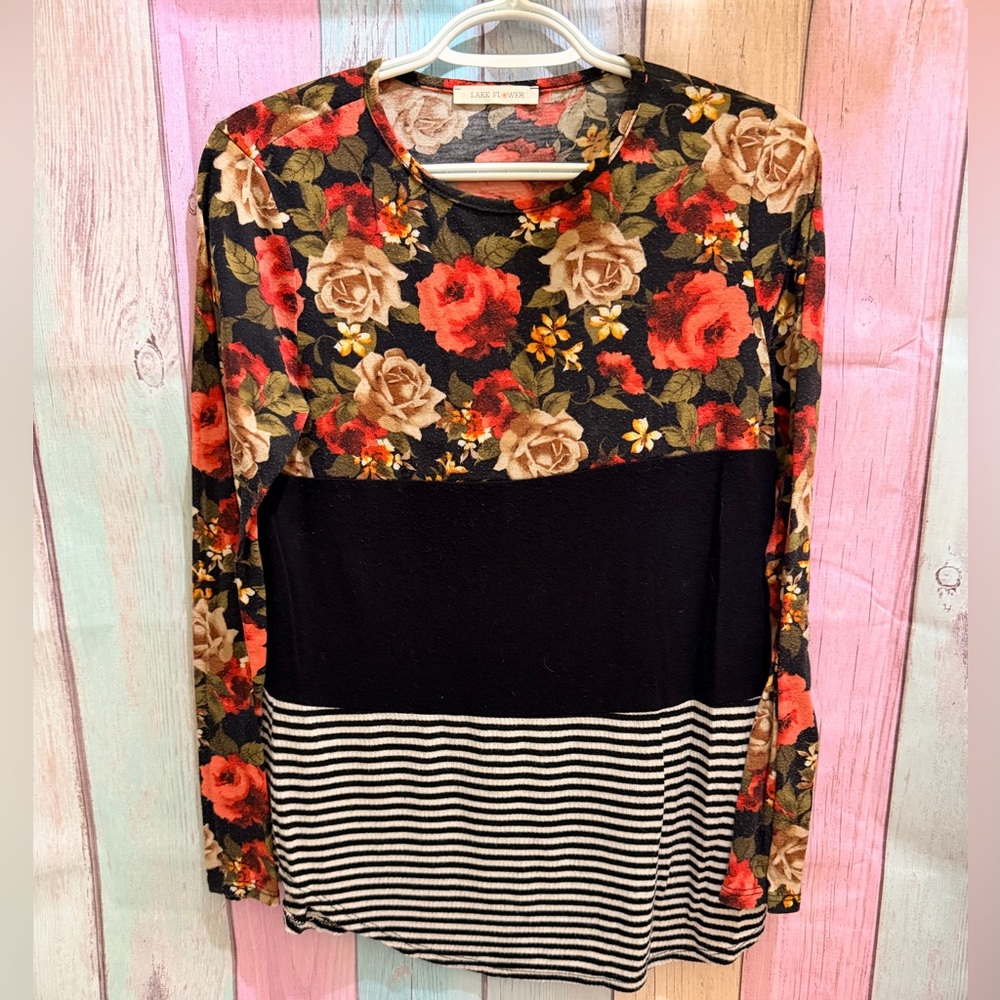 Elegant Floral and Striped Long Sleeve Top